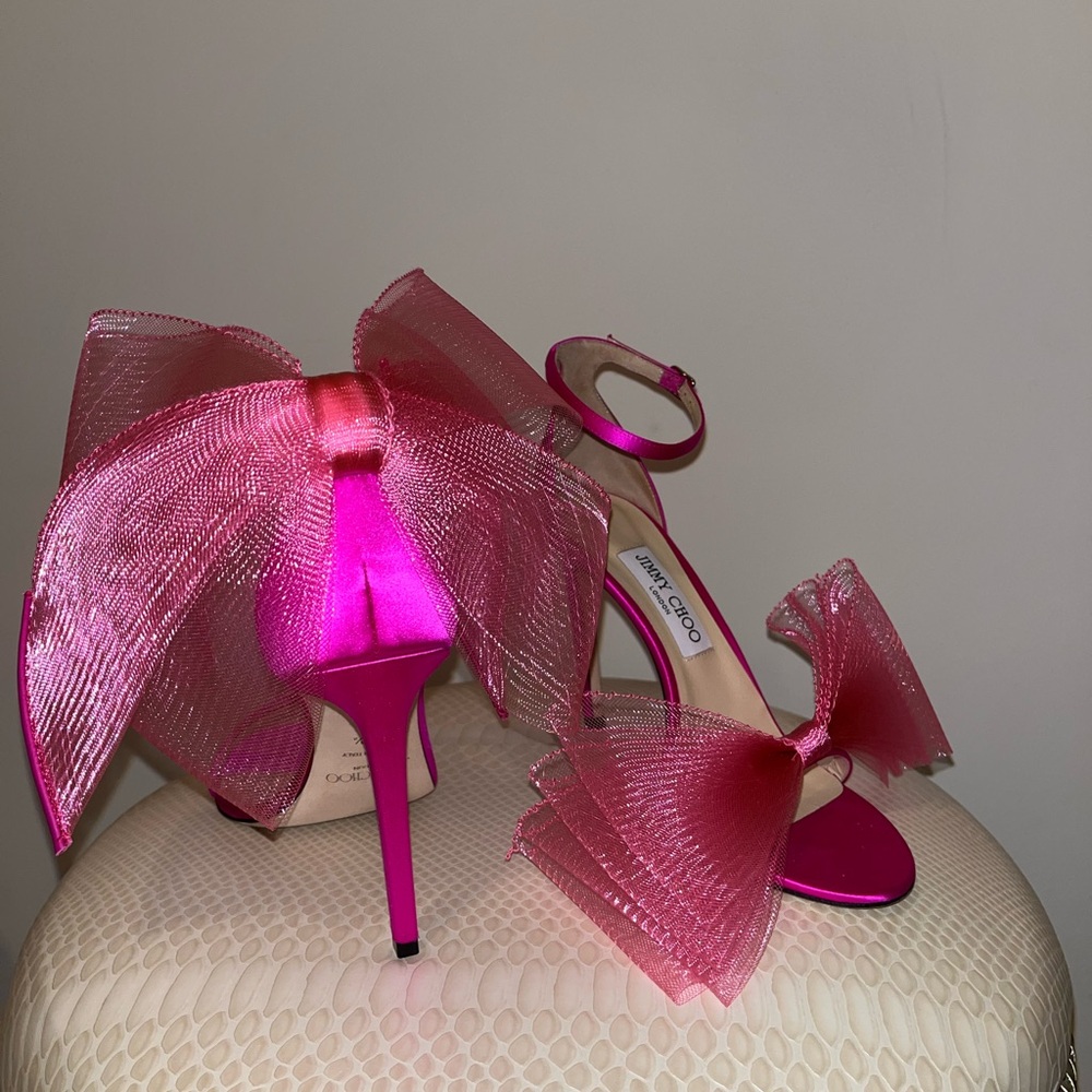 Jimmy Choo Pink Satin Heels with Bow - Picture 2 of 4